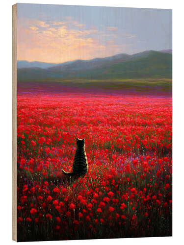 Holzbild Getigerte Katze in Mohnblumenfeld