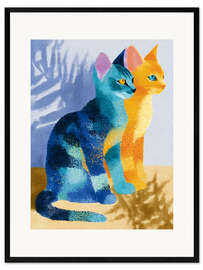 Gerahmter Kunstdruck Eine Katze in Orange und eine in Blau