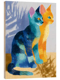 Holzbild Eine Katze in Orange und eine in Blau