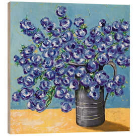 Holzbild Blaue Blüten auf blauem Hintergrund