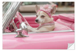 Wall sticker Cute dog in pink convertible - Jones &amp; Shimlock