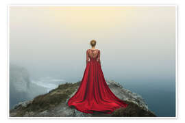 Wandbild Frau in einem fließenden roten Kleid mit Blick auf das Meer - Jones &amp; Shimlock
