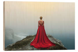 Holzbild Frau in einem fließenden roten Kleid mit Blick auf das Meer - Jones &amp; Shimlock