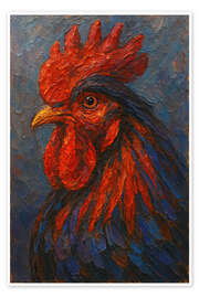 Wall art print Majestic rooster in red and blue - Natalie Bruns