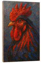 Holzbild Majestätischer Hahn in Rot und Blau