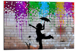 Alubild Ein Mädchen, das im bunten Regen tanzt