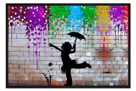 Gerahmter Kunstdruck Ein Mädchen, das im bunten Regen tanzt