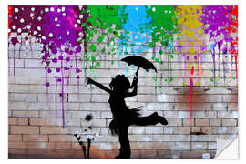 Wandsticker Ein Mädchen, das im bunten Regen tanzt
