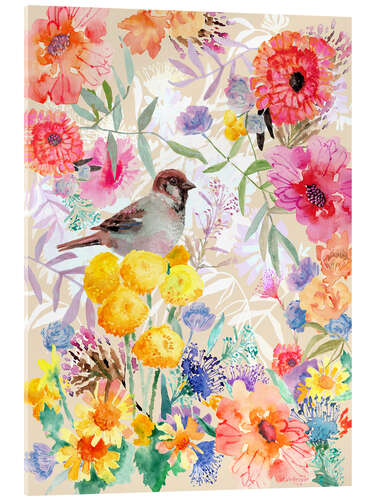 Acrylglasbild Spatz im Blumenaquarell