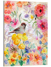 Tableau en aluminium Sparrow in flowers watercolour - Verbrugge Watercolor