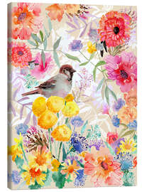 Leinwandbild Spatz im Blumenaquarell - Verbrugge Watercolor