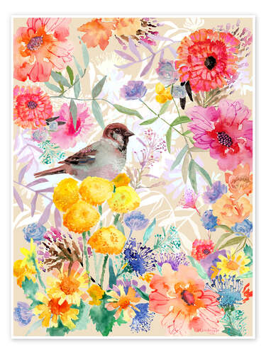 Poster Spatz im Blumenaquarell