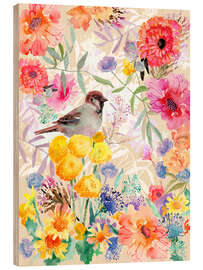 Holzbild Spatz im Blumenaquarell - Verbrugge Watercolor