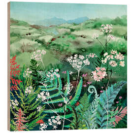Holzbild Farne und Wiesenkerbel Wildblumen Landschaft - Verbrugge Watercolor