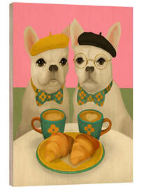 Holzbild Französische Bulldoggen beim Frühstück