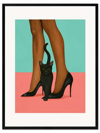 Gerahmter Kunstdruck Frau in High Heels mit schwarzer Katze
