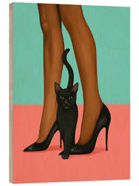 Holzbild Frau in High Heels mit schwarzer Katze