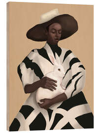 Holzbild Frau in Streifen hält ein weißes Kaninchen - Branka Kodžoman