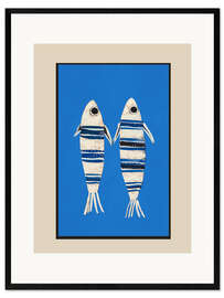 Gerahmter Kunstdruck Minimaler Fisch auf Blau