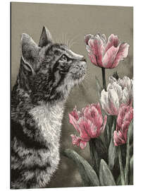 Alubild Katze schnüffelt an rosa Tulpen - DejaReve