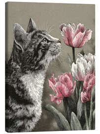 Leinwandbild Katze schnüffelt an rosa Tulpen - DejaReve