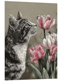 Hartschaumbild Katze schnüffelt an rosa Tulpen - DejaReve