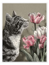 Tableau Cat sniffing pink tulips - DejaReve