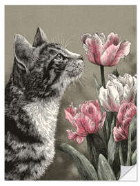 Wandsticker Katze schnüffelt an rosa Tulpen - DejaReve