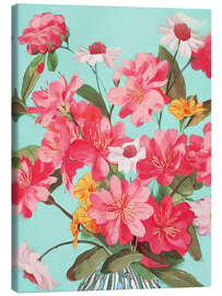 Leinwandbild Azaleen- und Wildblumenstrauß auf Blaugrün - Branka Kodžoman