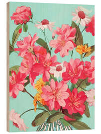 Holzbild Azaleen- und Wildblumenstrauß auf Blaugrün - Branka Kodžoman