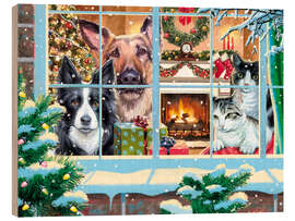 Holzbild Die Haustiere warten auf den Santa Claus
