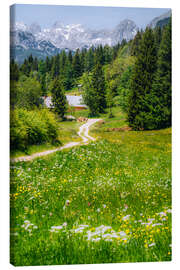 Leinwandbild Alpenidylle mit blühender Wiese und Bergpanorama - Stefan Becker