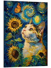 Alubild Gemälde mit Katze, Schmetterling und Sonnenblumen