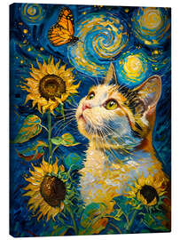 Leinwandbild Gemälde mit Katze, Schmetterling und Sonnenblumen
