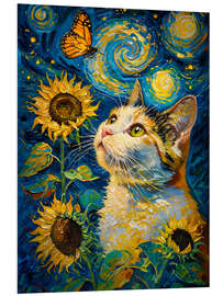 Hartschaumbild Gemälde mit Katze, Schmetterling und Sonnenblumen