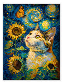 Poster Gemälde mit Katze, Schmetterling und Sonnenblumen