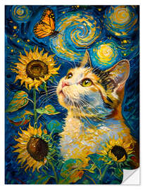 Wandsticker Gemälde mit Katze, Schmetterling und Sonnenblumen