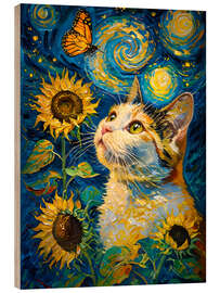 Holzbild Gemälde mit Katze, Schmetterling und Sonnenblumen