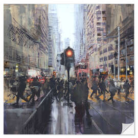 Wandsticker Straßenszene vor einer Tramhaltestelle in Hong Kong