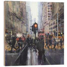 Holzbild Straßenszene vor einer Tramhaltestelle in Hong Kong