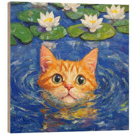 Holzbild Schwimmende orangefarbene Katze