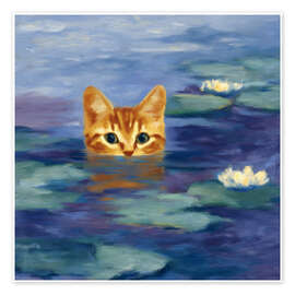 Wandbild Orangefarbene Katze schwimmt im Wasser - DejaReve