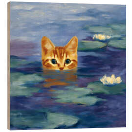 Holzbild Orangefarbene Katze schwimmt im Wasser - DejaReve