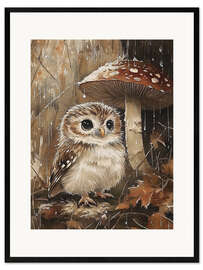 Gerahmter Kunstdruck Kleine Eule unter einem Pilz