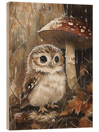 Holzbild Kleine Eule unter einem Pilz
