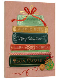 Holzbild Frohe Weihnachten mit internationalen Büchern