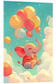 Acrylglasbild Glücklicher Elefant fliegt mit Luftballons weg - pixelliebe
