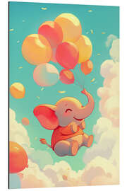 Tableau en aluminium Happy elephant flies away with balloons - pixelliebe