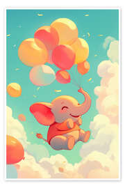 Wandbild Glücklicher Elefant fliegt mit Luftballons weg - pixelliebe