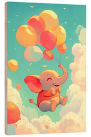 Holzbild Glücklicher Elefant fliegt mit Luftballons weg - pixelliebe